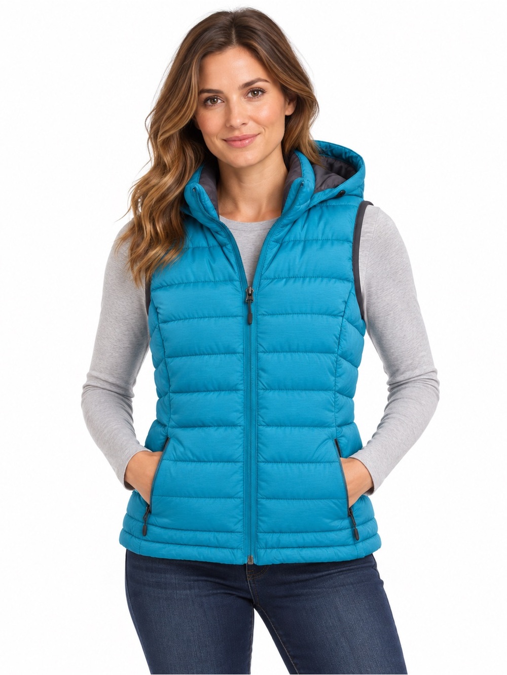 Tangerine Teal Hooded Puffer Vest Women’s Large Quilted Outdoor Layer, EUC